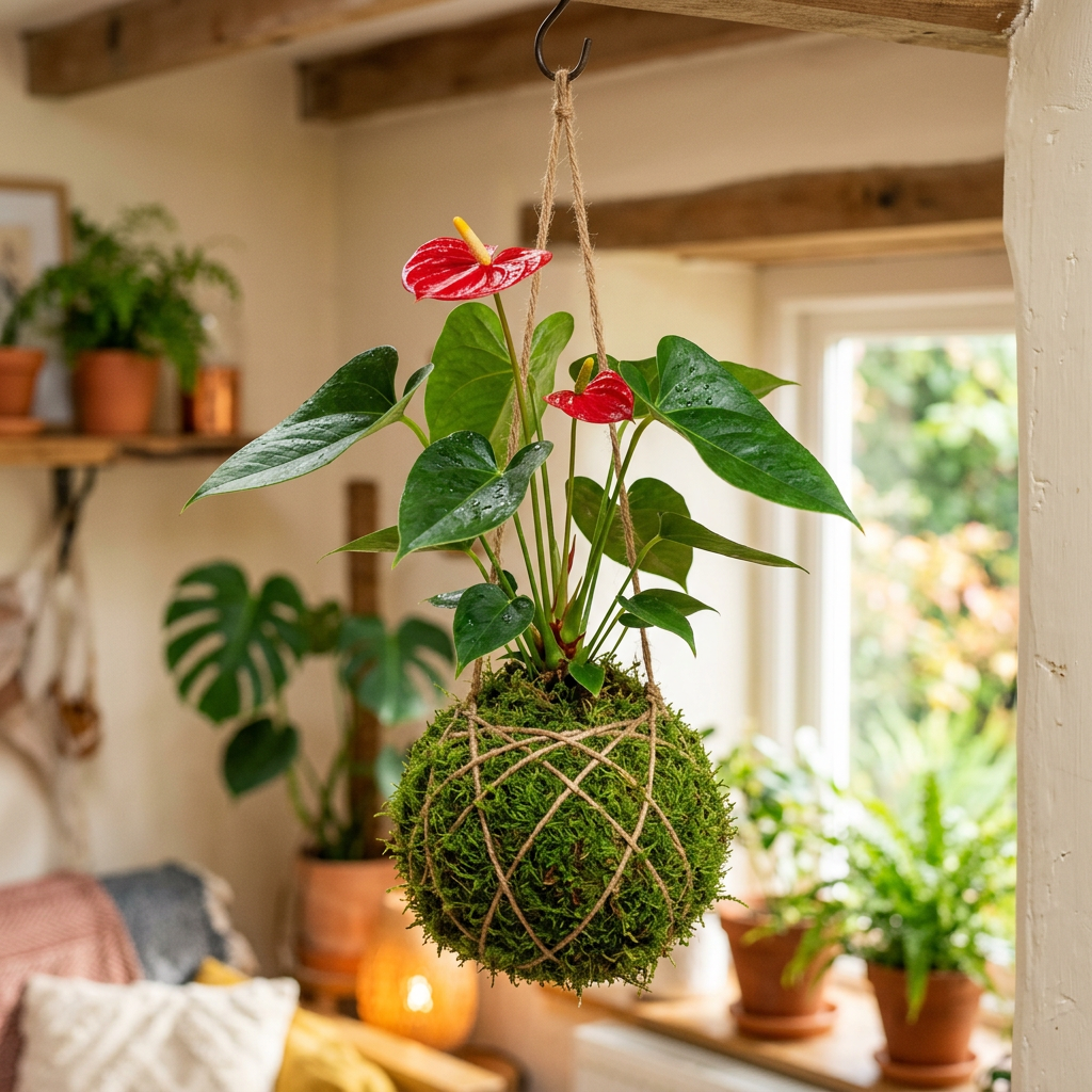 Hanging kokedama with red anthurium flowers and green leaves